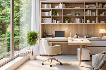 Fototapeta na wymiar Modern home office in the living room, Convenient, comfortable, nice place to work, Remote work from home, Minimal interior decor design background.