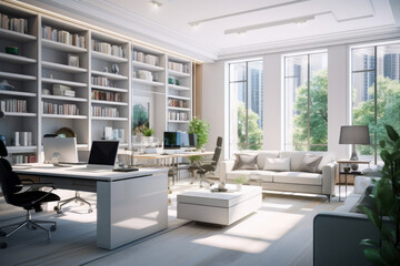 Modern home office in the living room, Convenient, comfortable, nice place to work, Remote work from home, Minimal interior decor design background.