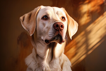 Portrait of a white Labrador retriever on a beige neutral background, cropped photo, natural light. Ai art
