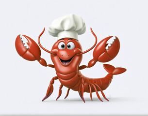 A 3d cartoon character lobster with toque chef hat on the white background, looking cute, adorable and joyful