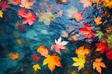 Obraz na płótnie Canvas Nature's Palette: Floating Fall Foliage in Pond