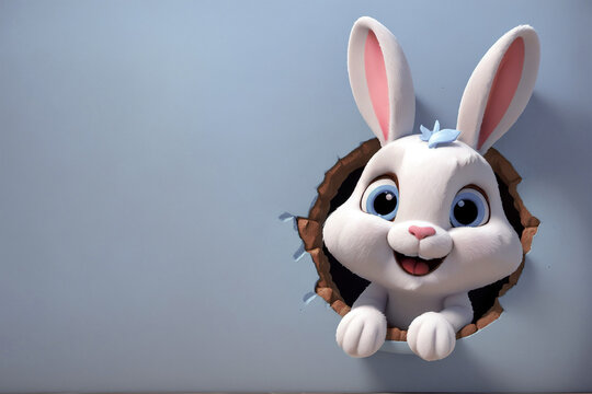 A 3d cartoon character funny hilarious rabbit bunny popping out from wall hole, looking cute, adorable and joyful