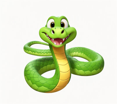 A 3d cartoon character snake python on the white background, looking cute, adorable and joyful