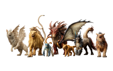 A Realistic Glimpse into a Mythical Creatures Playset on a Clear Surface or PNG Transparent Background.