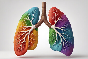 3d illustration of render of colorful human lungs with white branches on white background - obrazy, fototapety, plakaty