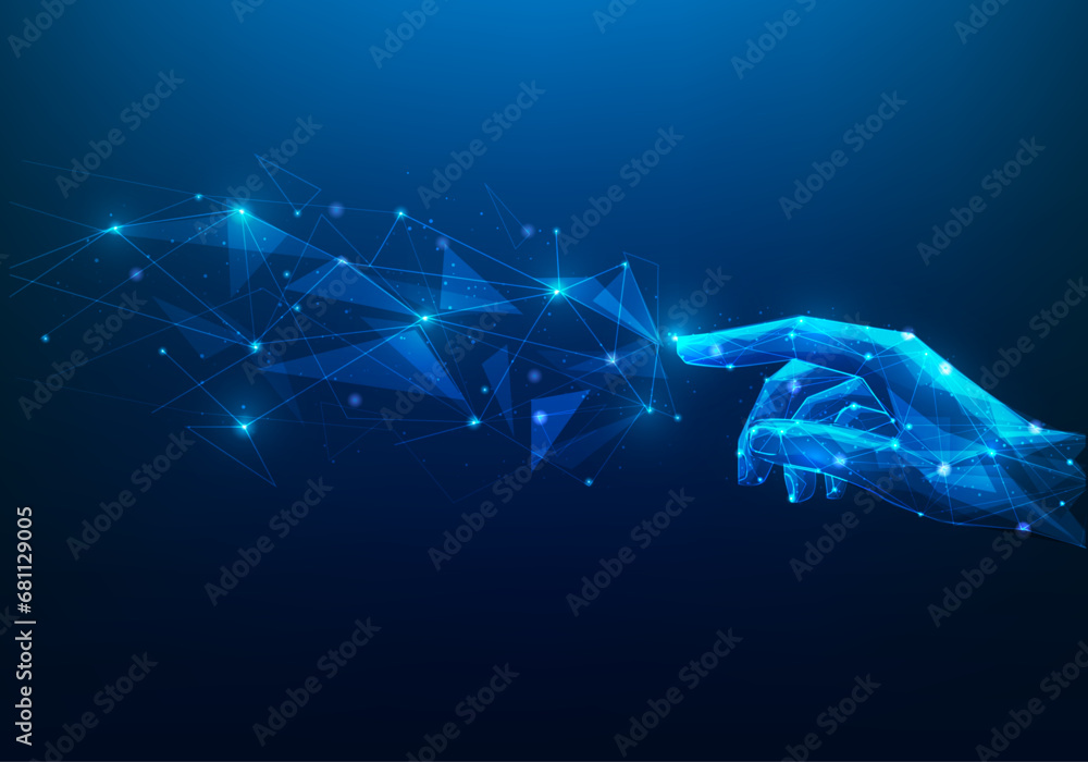 Wall mural hand touching line dot technology network global connection blue background. business technology int