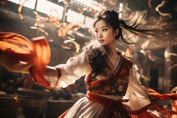 A Chinese girl in a national costume for a traditional dance. - obrazy, fototapety, plakaty