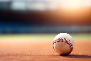 A close up of Ball of baseball on the fresh green grass lawn of the playing field, Baseball Stadium, cinematic, blurred background with copy space