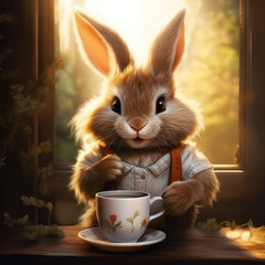 illustration of A Cute Rabbit Drink Tea from English cup on home background. A cheerful cute Bunny drinking coffee from mug, Postcard for the New Year holidays.