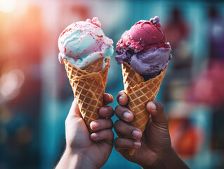Hands holding melting ice cream waffle cone in hands on summer nature light background, cone of bright, tasty, refreshing, colorful, The concept of vacation. - obrazy, fototapety, plakaty