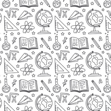 Hand drawn school supplies. Globe, open textbook, mathematical symbols. Back to School concept. School object collection, doodle. Seamless pattern for wrapping paper, stationery, wallpaper, textile