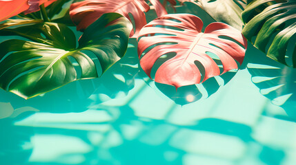 Palm leaves on the background of the pool. Generative AI,