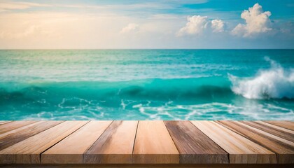 wooden table top on blurred sea waves and sky empty wooden table with summer sea waves on...