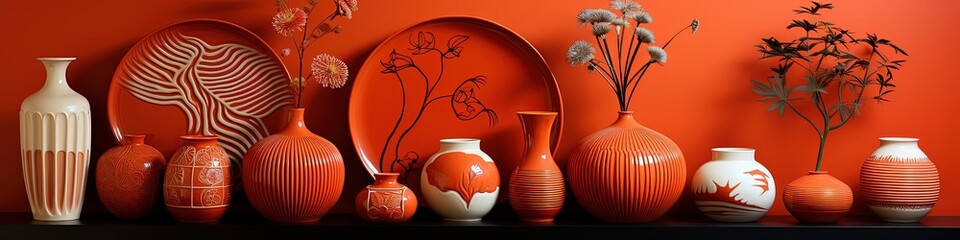 Vibrant Collection of Unique Vases with Floral Decorations on Black Shelf