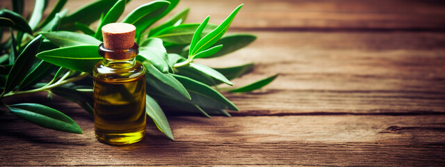 Tea tree essential oil in a bottle. Generative AI, - obrazy, fototapety, plakaty