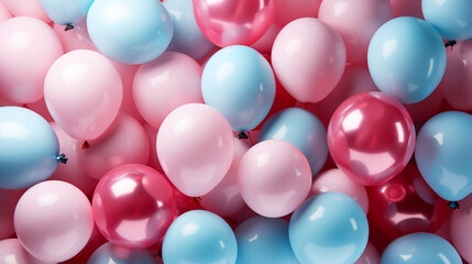 Festive sweet pink and blue balloons background, copy space, Ai generated image. - Powered by Adobe