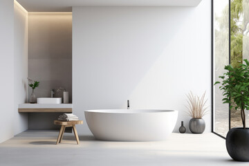 Fototapeta na wymiar Modern clean bright minimal style of marble bathroom interior decorate with bathtub, mirror and sink, minimal decor concept.