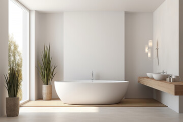Modern clean bright minimal style of marble bathroom interior decorate with bathtub, mirror and sink, minimal decor concept.