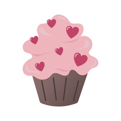 Vector illustration of small cupcake with pink cream icing and decoration of hearts in cartoon style. Vector clipart with muffin and cream. birthday celebration, holidays concept.