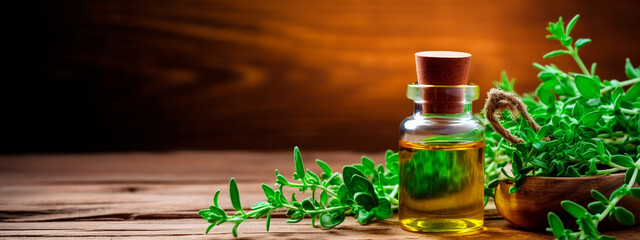 Thyme essential oil in a bottle. Generative AI,