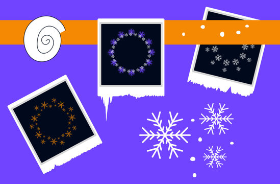 New Year cards, winter photos, invitations with snowflakes. Christmas frame, decoration, wreath of ice flakes. Delicate snowflakes, winter banner, congratulations, greetings. Vector illustration.