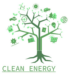 Safe sources of energy that protect nature. Green flat set of icons related to renewable energy sources.