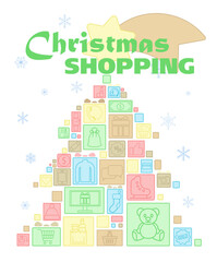 Bright banner for Christmas holidays. Merry Christmas and Happy New Year. Christmas tree background with gift boxes.