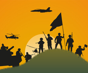 The importance of winning. Silhouettes of soldiers who won the battle against the background of the setting sun.