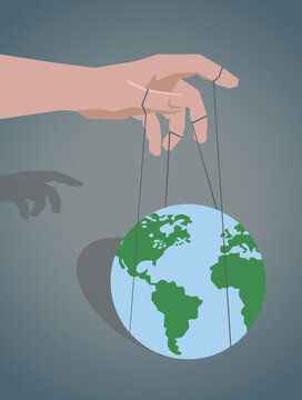 World control. Dominion over the Earth. The hand controls the Earth like a puppet.