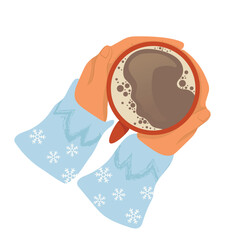 Cute vector illustration of hands holding cup of coffee. Top view of hands with cocoa, tea or coffee. Cozy winter time concept. Vector illustration in flat style.