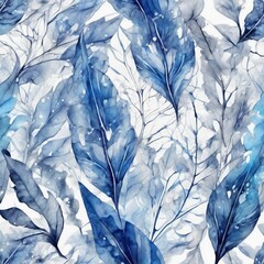 watercolor of background with leaves, blue and white contemporary art, intense, stylized, detailed, high resolution