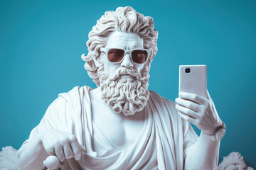 Portrait of a white sculpture of Zeus wearing sunglasses with a smartphone in his hand on a blue background. - obrazy, fototapety, plakaty