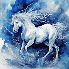 Obraz na płótnie Canvas watercolor of horse, blue and white contemporary art, intense, stylized, detailed, high resolution