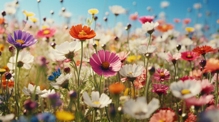 a field of wildflowers with a range of colors - obrazy, fototapety, plakaty