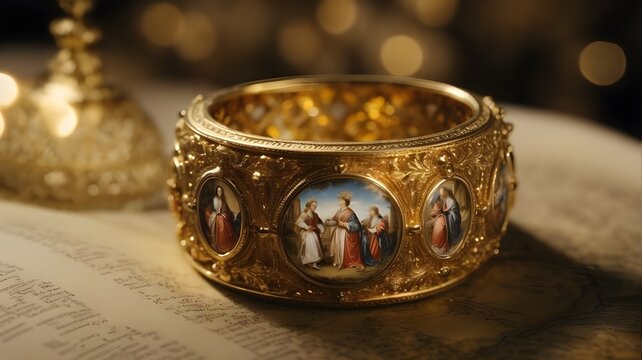 a gold ring with pictures of people on it. Old type ring. 