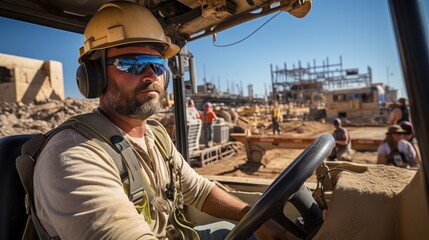 Fototapeta na wymiar Male operator driving heavy equipment on construction building