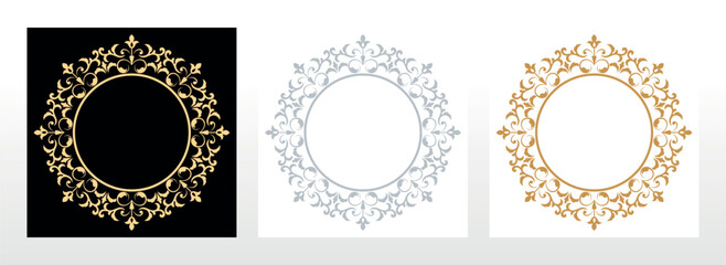 Set of decorative frames Elegant vector element for design in Eastern style, place for text. Floral black, gold and gray borders. Lace illustration for invitations and greeting cards