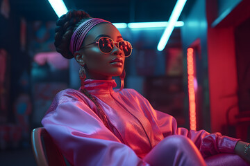 Woman portrait with futuristic sunglasses in the style of digital neon, retro-futuristic on dark background