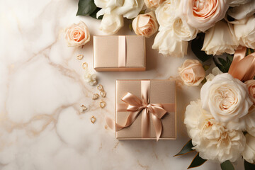 white roses and box on wooden background