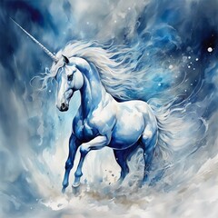 Naklejka na ściany i meble watercolor of unicorn, blue and white contemporary art, intense, stylized, detailed, high resolution