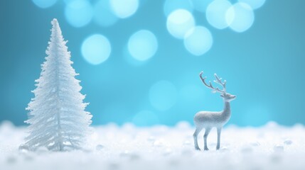 Blue Christmas background with white fir tree in snow and New Year's deer. festive minimal design background with christmas tree