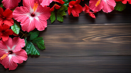 Hibiscus flowers on a wooden background. Generative AI,