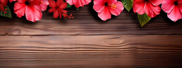 Hibiscus flowers on a wooden background. Generative AI,