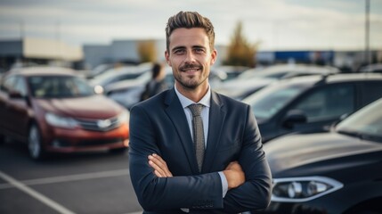 Portrait, smile and a man arms crossed at a dealership for car sale in a commercial parking lot. - obrazy, fototapety, plakaty