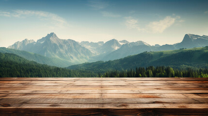 Wooden table background with mountains and wildlife landscape. Generative AI,