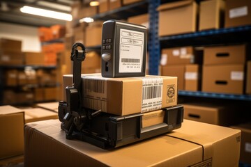 Scanning parcel barcode before shipment - obrazy, fototapety, plakaty