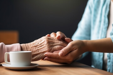 Young woman holds the hand of a senior with tenderness on a table with a coffee cup. Take care of the elderly people.