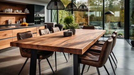 Fototapeta na wymiar Wooden dining table and chairs in modern kitchen interior.