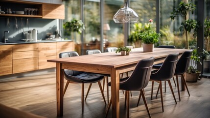 Wooden dining table and chairs in modern kitchen interior.