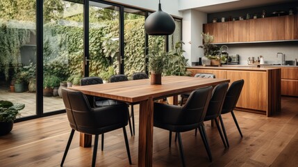 Obraz premium Wooden dining table and chairs in modern kitchen interior.